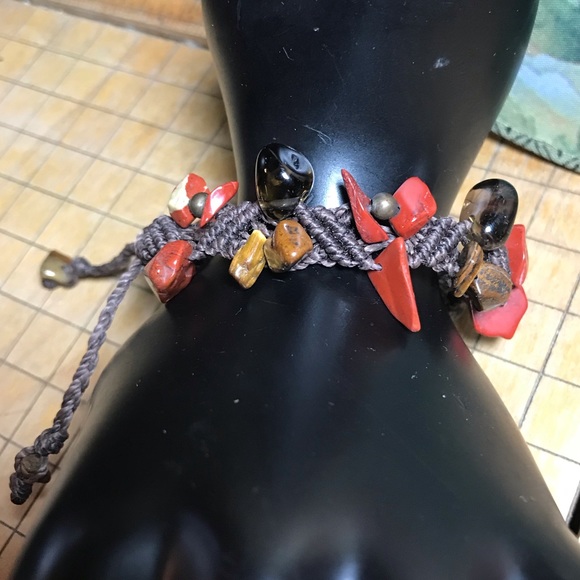 Red Jasper Smoky Quartz Brown Fiber Cord Woven Bracelet 6 to 8”L Adjustable EVC - Picture 3 of 8